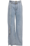 Light Blue Denim Zipper Fly Button Fly High Zippered Pocket Solid Straight Pants 