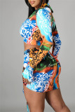 Blue Fashion Sexy Print Draw String Long Sleeve Four-piece Set