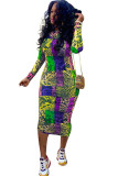 multicolor Sexy Cap Sleeve Long Sleeves O neck Step Skirt Mid-Calf Print