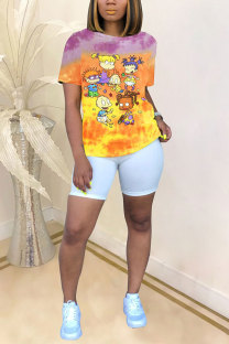 Orange White Blue Orange Yellow colour O Neck Short Sleeve Patchwork Print Character Tops