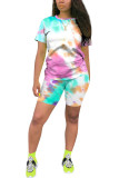 Green Fashion Sexy adult Ma'am O Neck Patchwork Print Tie Dye Two Piece Suits Stitching Plus Size