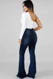 Dark Blue Denim Zipper Fly Button Fly High Pocket washing Hole Solid Zippered Boot Cut Pants 