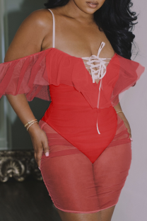 Red Sexy Solid Flounce Mesh Swimwears