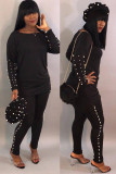 Black Sexy Solid Two Piece Suits Patchwork Beading pencil Long Sleeve Two-piece Pants Set