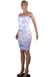 Light Blue Milk. Fashion Sexy adult Ma'am Green Pink Light Blue Light Purple Off The Shoulder Sleeveless Wrapped chest Step Skirt skirt Print Tie and dye Dresses