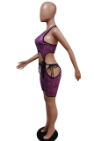 Rose Red Sexy Print Hollowed Out U Neck Sleeveless Two Pieces