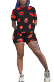 Black Fashion Casual adult Patchwork Print Two Piece Suits Lips Print Straight Short Sleeve Two Pieces