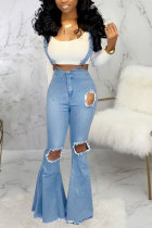 Light Blue Dark Blue Denim Bib pants Sleeveless High Patchwork Solid Hole Boot Cut Pants Bottoms