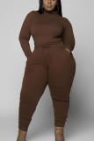 Coffee Sportswear Milk Fiber Print Solid O Neck Plus Size 