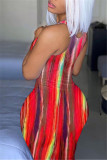 Red Fashion Sexy Print Tie Dye Slit U Neck Vest Dress