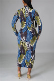 Dark Blue Fashion Casual Print Basic Half A Turtleneck Long Sleeve Dress