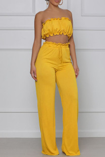 Yellow Sexy Casual Solid Backless Strapless Sleeveless Two Pieces