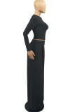 Blue Fashion Casual Solid Basic O Neck Long Sleeve Two Pieces