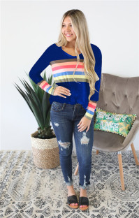 Royal blue V Neck Long Sleeve Patchwork Tees & T-shirts