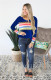 Royal blue V Neck Long Sleeve Patchwork Tees & T-shirts