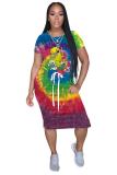 Blue Fashion Casual adult White Blue Green Pink Yellow Multi-color multicolor Cap Sleeve Short Sleeves O neck A-Line Mid-Calf Print Patchwork Ombre bandage Dresses