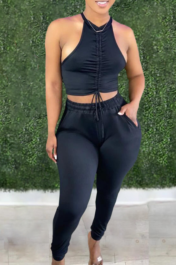 Black Casual Solid Halter Sleeveless Two Pieces