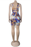 Blue Fashion Sexy Print Hollowed Out Backless Halter Sleeveless Dress