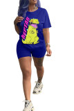 Blue Fashion adult OL Patchwork Print Character Two Piece Suits Straight Short Sleeve Two Pieces