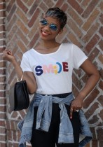 White Fashion Regular O-Neck Short Embroidery Letter Regular Tees & T-shirts