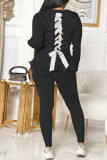 Black Fashion Casual Solid Strap Design O Neck Long Sleeve Two Pieces