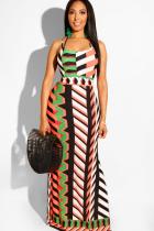 Multi-color Casual Fashion Spaghetti Strap Sleeveless Slip Sheath Floor-Length Striped Argyle Print C
