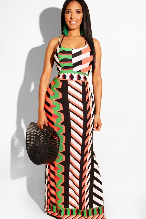 Multi-color Casual Fashion Spaghetti Strap Sleeveless Slip Sheath Floor-Length Striped Argyle Print C