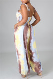 Brown Sexy Casual Print Tie Dye Strap Design Spaghetti Strap Regular Jumpsuits