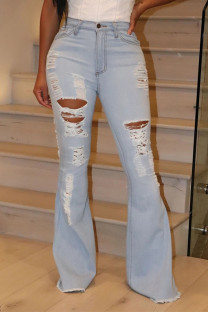 Light Blue Denim Button Fly Mid Patchwork Solid washing Old Boot Cut Pants Bottoms