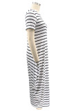 White Fashion Casual Plus Size Striped Print Basic O Neck Short Sleeve Dress