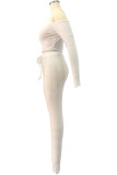 White Fashion Sexy Adult Solid Patchwork Bateau Neck Long Sleeve Regular Sleeve Short Two Pieces