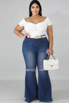 Dark Blue Denim Casual Sexy Fashion Zippered Hole Solid washing Button Zipper 