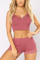 Pink Fashion Sexy adult Patchwork Solid Two Piece Suits HOLLOWED OUT Straight Sleeveless Two Pieces