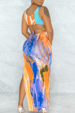 Yellow Sexy Print Patchwork Frenulum U Neck Vest Dress