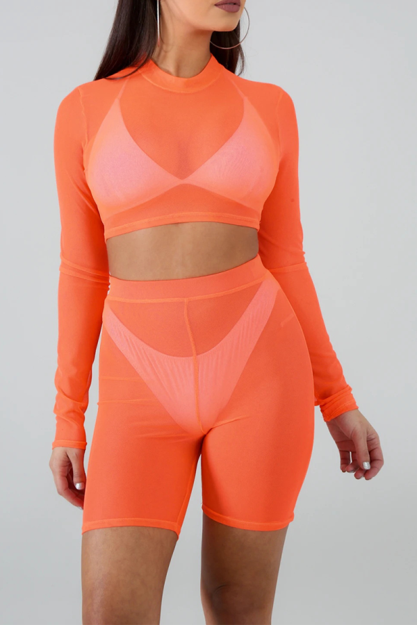 Tangerine Red Casual Solid Patchwork Half A Turtleneck Long Sleeve Two Pieces