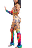 Gold venetian Fashion Active adult Ma'am Leopard Print Two Piece Suits Straight Long Sleeve Two Pieces