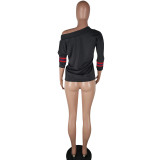 Black One word collar Long Sleeve Patchwork Tees & T-shirts