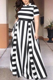 Black Sexy Striped Patchwork O Neck Plus Size 