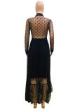White Fashion Sexy Cap Sleeve Long Sleeves Turndown Collar Pleated Ankle-Length lace Polka Dot p