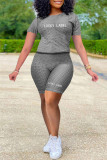 Grey Fashion Casual Letter Embroidered O Neck Short Sleeve Two Pieces