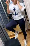 Dark Blue Casual Print pencil Long Sleeve Two Pieces