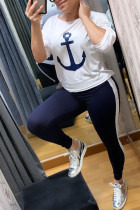 Dark Blue Casual Print pencil Long Sleeve Two Pieces