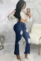 Dark Blue Denim Button Fly Zipper Fly High washing Zippered Solid Beading Asymmetrical Hole Boot Cut Pants 