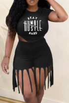 Black Casual Print Tassel O Neck Short Sleeve Two Pieces