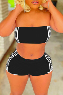 Black Sexy Casual Striped Print Backless Strapless Sleeveless Two Pieces