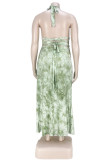 Green Sexy Print Backless Slit Strap Design Halter Plus Size Two Pieces