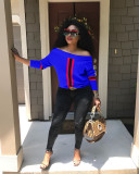 Black One word collar Long Sleeve Patchwork Tees & T-shirts