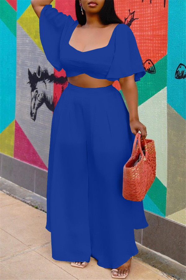 Blue Fashion Casual Solid Basic Square Collar Short Sleeve Two Pieces