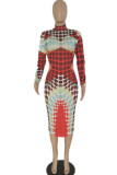 Red Milk. Fashion adult Ma'am Street Cap Sleeve Long Sleeves O neck Step Skirt Knee-Length Print Dresses