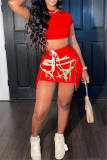 Red Fashion Sexy Print Asymmetrical O Neck Short Sleeve Two Pieces